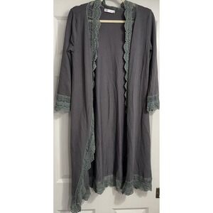 Long Duster‎ Cardigan Gray Long Sleeve Sz Medium Embroidered Edging